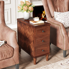 Fully Assembled Narrow End Table, Solid Wood Side Table with 3 Drawers, Vintage Nightstand for Small Spaces