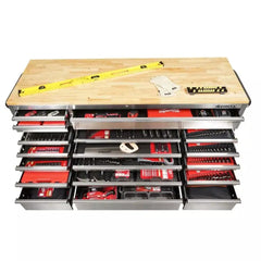 72-Inch 18-Drawer Mobile Workbench, 24-Inch Deep, with Solid Wood Top and Stainless Steel Finish