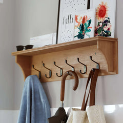 Wood Wall Key Holder with Shelf, Decorative Entryway Mail Organizer with Large Coat Hooks and Storage Rack
