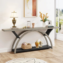 Gray 2-Tier Slim Console Sofa Table, Semi-Circular Metal Frame for Hallway