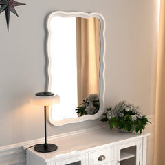 Curved Scallop Wood Frame Accent Mirror, Modern Decorative Wall Mirror for Living Room, Bedroom and Entryway