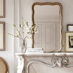 Curved Scallop Wood Frame Accent Mirror, Modern Decorative Wall Mirror for Living Room, Bedroom and Entryway