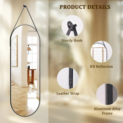 48 x 16 Inch Full Length Wall Mirror with Leather Strap, Hanging Full Body Mirror for Bedroom, Entryway and Home Decor