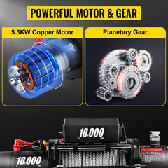 18,000 LBS Electric Winch, 12V Steel Cable Winch, Off-Road Towing Winch for ATV, UTV, Truck and Trailer
