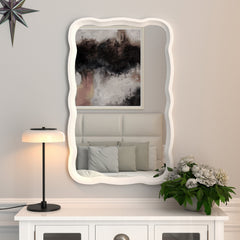 Curved Scallop Wood Frame Accent Mirror, Modern Decorative Wall Mirror for Living Room, Bedroom and Entryway