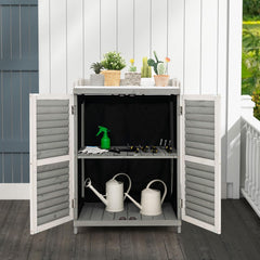 Outdoor Potting Workbench with Metal Tabletop, Garden Storage Cabinet for Patio