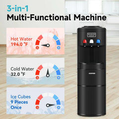 3-in-1 Hot & Cold Water Cooler with Built-in Ice Maker – Top Loading for 3-5 Gallon Bottles, Child Safety Lock, Black