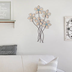 Metal Wall Decor with 5 Flowers, Decorative Floral Wall Hanging Sculpture for Living Room, Bedroom and Home Decoration