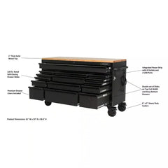 61-Inch W x 23-Inch D 15-Drawer Mobile Workbench with Solid Wood Top