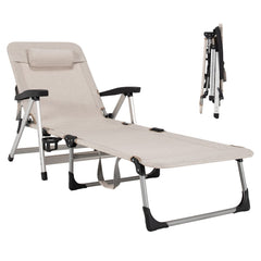 Folding Outdoor Chaise Lounge Chair with Cup Holder and Detachable Headrest