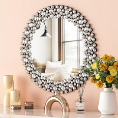 Modern Round Wall Mirror, Crystal Accent Decorative Mirror for Living Room, Bedroom and Entryway