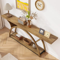 Gray 2-Tier Slim Console Sofa Table, Semi-Circular Metal Frame for Hallway