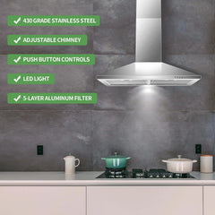 30 Inch Wall Mount Stainless Steel Range Hood, Modern Kitchen Exhaust Vent Hood with LED Light