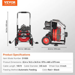 550W Drain Cleaning Machine, 100-Ft. x 1/2-Inch Sewer Snake Auger with 8 Cutters, Wheels and Foot Switch, for 2-4-Inch Pipes