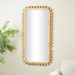 Brown Wood Wall Mirror with Beaded Frame, Rustic Decorative Mirror for Home