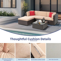 5-Piece All-Weather Patio Furniture Set with Ottoman, Outdoor Wicker Conversation Sofa Set with Cushions for Garden, Deck & Backyard