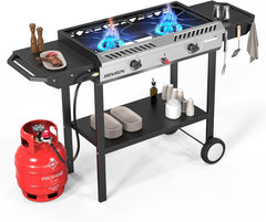 2-Burner Outdoor Propane Gas Stove with Griddle, Auto-Ignition, Regulator and Side Shelves, 150,000 BTU