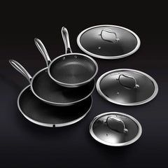 6-Piece Hybrid Stainless Steel Pan Set with Glass Lids, 8-Inch, 10-Inch and 12-Inch, Black