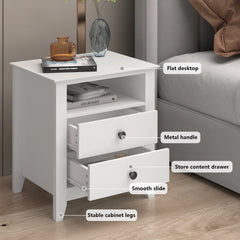 21.7 Inch Tall White Nightstand, 2 Drawers and 1 Open Shelf Bedside End Table