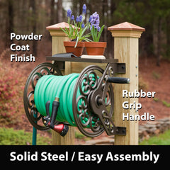 Steel Decorative Wall-Mount Garden Hose Reel, Bronze Outdoor Hose Storage Holder