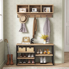 Entryway Coat Rack and Shoe Bench Set, Industrial Hall Tree with Coat and Shoe Storage