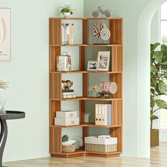64.9 Inch Tall 6-Tier Corner Bookshelf, Freestanding Wood Industrial Bookcase