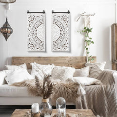 Set of 2 Distressed Ivory White Wood Flower Wall Art with Black Accents