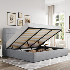 Queen Size Lift Up Storage Bed with Wingback Headboard, Upholstered Platform Bed Frame with Hidden Storage