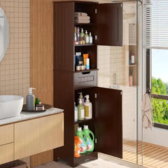 67 Inch Tall Narrow Bathroom Linen Cabinet, 5-Tier Solid Wood Freestanding Storage Cabinet