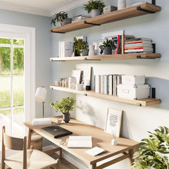 72 Inch Floating Wood Wall Shelves, Set of 3 Burnt Wood Display and Storage Shelves for Home Decor