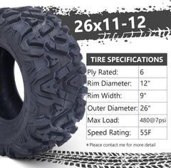 Set of 2 26x12-12 6PR All-Terrain ATV/UTV Off-Road Tires, Black