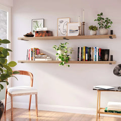 72 Inch Floating Wood Wall Shelves, Set of 2 Burnt Wood Display and Storage Shelves for Home Decor