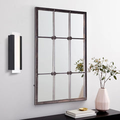 Rustic Brown Windowpane Wall Mirror with Metal Frame, 37.75" H x 23.8" W