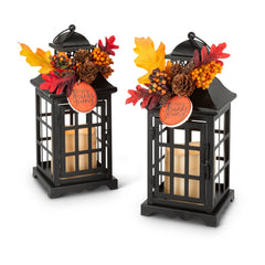 Set of 2 Autumn Lanterns with Fall Floral Accents, Decorative Seasonal Lanterns for Home, Porch and Table Decor