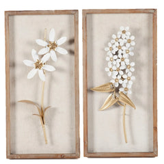 Set of 2 White and Gold Metal Flower Wall Decor with Wood Frames, Decorative Floral Wall Art