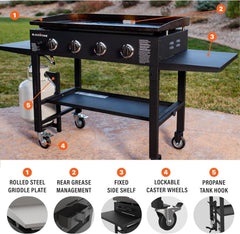 36-Inch 4-Burner Propane Gas Griddle with Flat Top and Side Stands