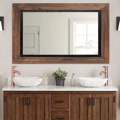Rustic Wood and Iron Framed Bathroom Vanity Mirror, Wall Mounted Farmhouse Mirror for Bathroom and Bedroom