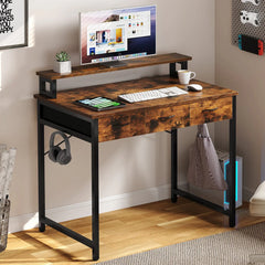 Small Computer Desk with Fabric Drawers and Monitor Stand, Compact Home Office Workstation for Small Spaces