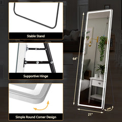 64 x 21 Inch Full Length LED Floor Mirror with Stand, Wall Mounted Full Body Mirror
