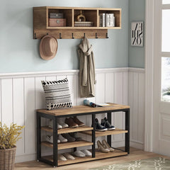 Entryway Coat Rack and Shoe Bench Set, Industrial Hall Tree with Coat and Shoe Storage