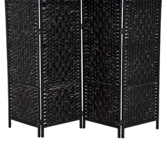 6 Ft Tall Four-Panel Wicker Weave Room Divider, Black Wood Privacy Screen