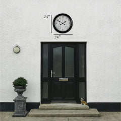Large Outdoor Wall Clock with Thermometer, Waterproof Silent Garden Weather Station, Black