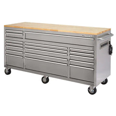 72-Inch 18-Drawer Mobile Workbench, 24-Inch Deep, with Solid Wood Top and Stainless Steel Finish