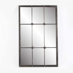 Rustic Brown Windowpane Wall Mirror with Metal Frame, 37.75" H x 23.8" W