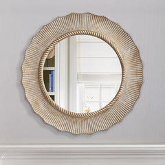 30 Inch Bohemian Beige Round Wood Bathroom Vanity Wall Mirror
