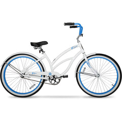 Women's 26-Inch Beach Cruiser Bike, White with Blue Rim