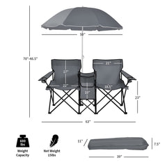 Double Folding Picnic Chairs with Umbrella – Mini Table & Beverage Holder Included