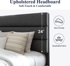 Queen Size Upholstered Platform Bed Frame, Dark Gray Fabric Bed with Headboard for Bedroom