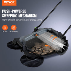 Walk-Behind Hand Push Floor Sweeper, 5-Gallon Waste Container, Manual Outdoor Sweeping Machine