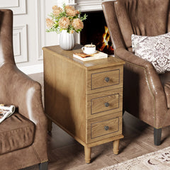 Fully Assembled Narrow End Table, Solid Wood Side Table with 3 Drawers, Vintage Nightstand for Small Spaces